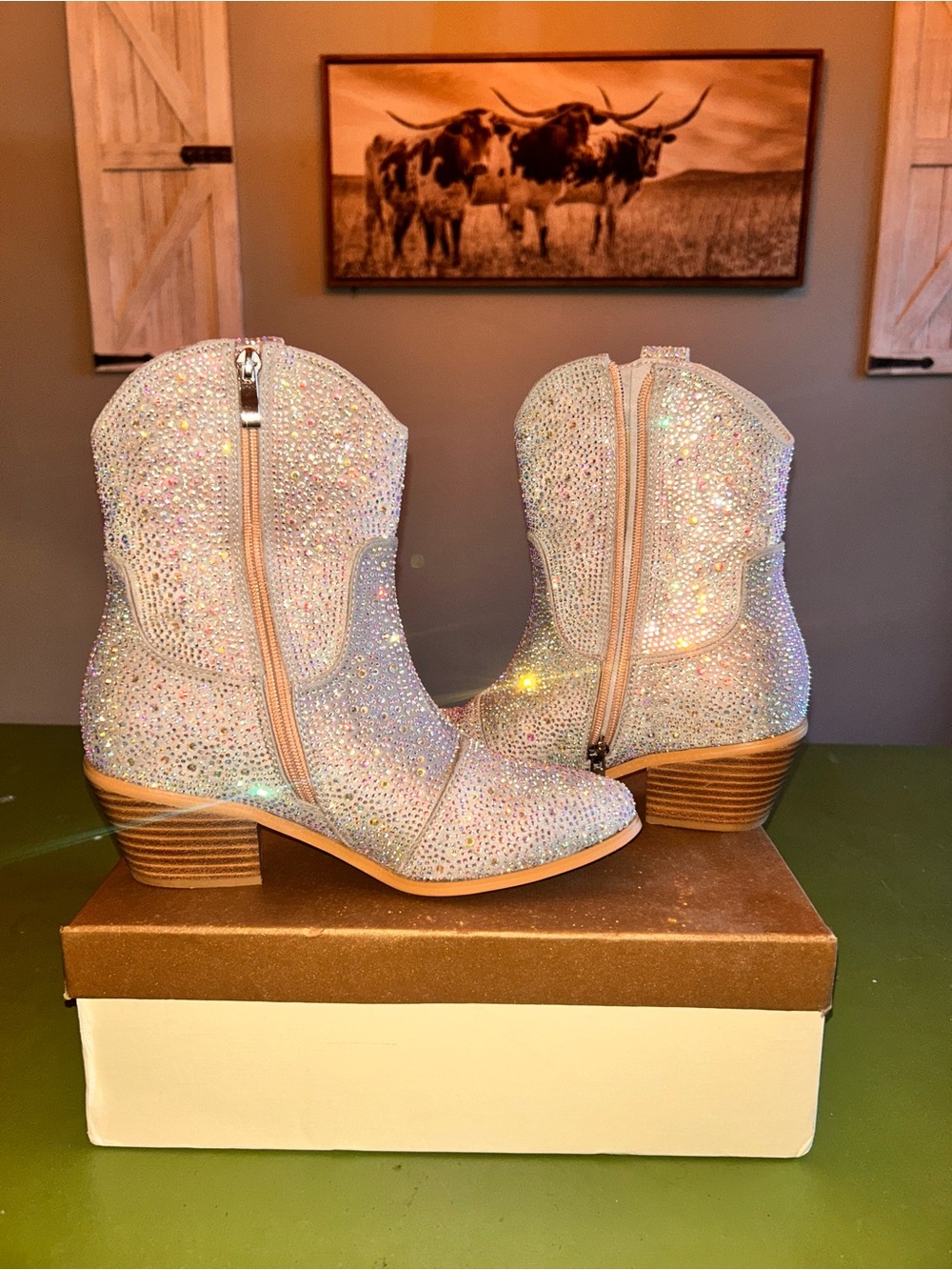 Sparkling Silver Rhinestone Western Ankle Boots - Women's